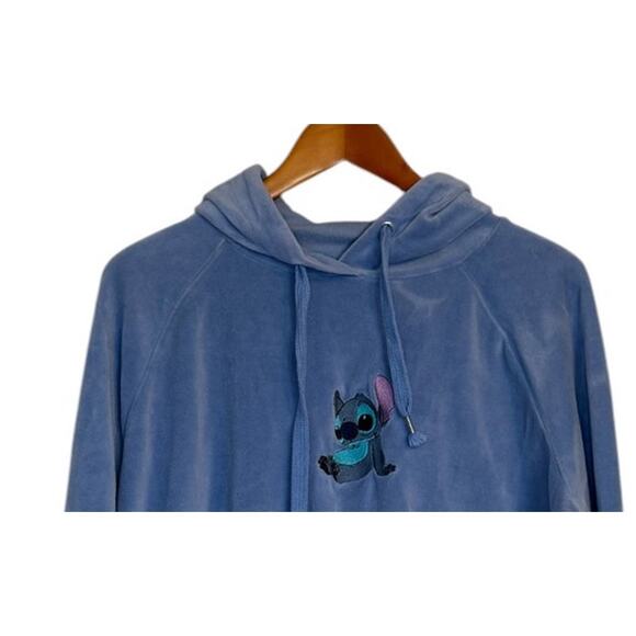 Disney Stitch Hoodie Sweatshirt Women Large Blue Velour Crop 626 Lilo‎ Hawaii - Picture 2 of 7